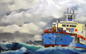 Cargo ship in Table Bay by Pietie Booysen